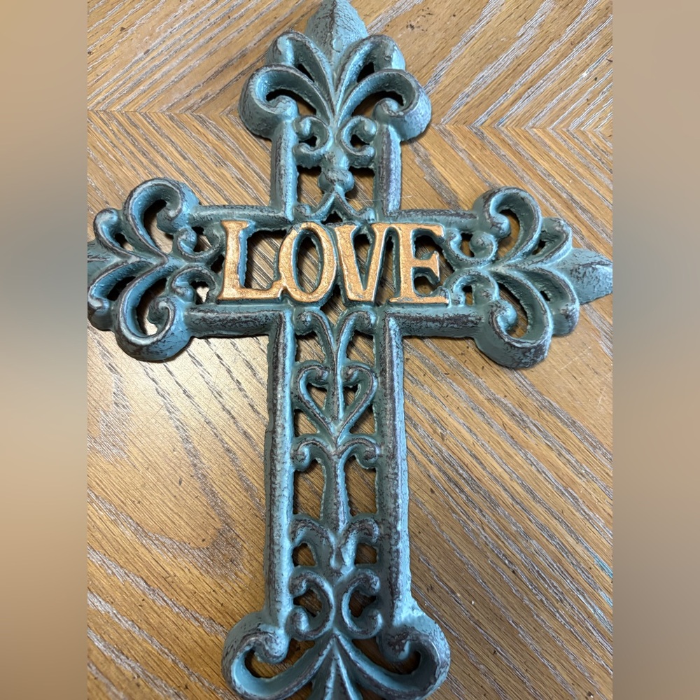 Decorative Love Wall Cross - Green and Gold